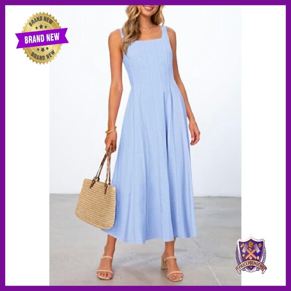 Sleeveless Midi Dress Square Neck Smocked Back A-Line Summer - Picture 5 of 8